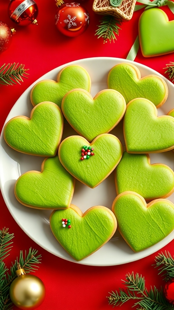 Grinch-Inspired Christmas Cookies A festive plate of green heart-shaped cookies inspired by the Grinch, decorated with colorful sprinkles, on a red tablecloth.